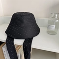Black linen bucket hat with silver micro-dots and long adjustable ribbon ties - Silver Micro-Rhinestone Decorated