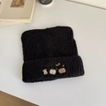 Cute black knitted cat-ear beanie with Apple embroidery and cozy ribbed mohair texture - 56-59cm / Black