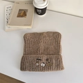 Cute brown knit hat with cat ears and apple embroidery for women in winter style - 56-59cm / Coffee