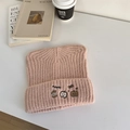 Pink knit beanie with cat ear shape and cute apple embroidery on wide ribbed cuff - 56-59cm / Pink