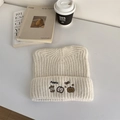 Cute beige knit beanie with cat ears and apple embroidery for women in winter - 56-59cm / Beige
