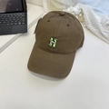 Dark brown cotton baseball cap with green embroidered H letter and cat cartoon detail - 56-60cm (Adjustable) / Coffee