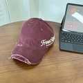 Burgundy washed denim baseball cap with vintage distressed holes and embroidery - 56-60cm (Adjustable) / Burgundy