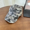 Camo grey washed distressed baseball cap with white embroidery on a wooden table - 56-60cm (Adjustable) / Camo Black