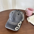 Frayed black denim baseball cap with white super embroidery in a retro street style - 56-60cm (Adjustable) / Dark Grey
