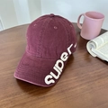 Vintage burgundy distressed baseball cap with white super embroidery on wooden desk - 56-60cm (Adjustable) / Burgundy