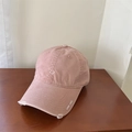 Pink washed cotton baseball cap with smiley face embroidery and distressed brim - 56-59cm (Adjustable) / Pink