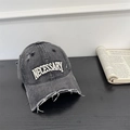 Distressed dark gray denim baseball cap with white NECESSARY embroidery and frayed edges - One Size(Adjustable) / Dark Grey