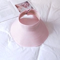 Adjustable pink and white striped straw sun visor hat with foldable open top design - Pink