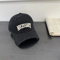 Distressed black baseball cap with white NECESSARY embroidery and vintage frayed edges - One Size(Adjustable) / Black
