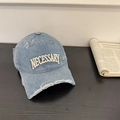 Distressed light blue denim baseball cap with 3D white NECESSARY embroidery - One Size(Adjustable) / Denim Blue