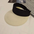 Vue de dessus d'un chapeau de soleil en paille beige avec large bandeau en tissu noir - Style Réglable / Beige