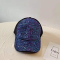 Detail of a black mesh baseball cap featuring shimmering iridescent rhinestones and glitters - Adjustable / Blue