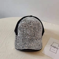 Detailed close-up of a black mesh baseball cap encrusted with shimmering silver rhinestones - Adjustable / Silver