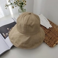 Detail of khaki wide brim sun hat with reinforced stitching and decorative top button - Khaki