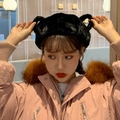Cute white plush beret with bunny ears and pink parka jacket for winter fashion - One Size / Black