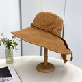 Detail of yellow striped sun hat showing breathable cotton texture and bow ribbon tie - 55-59CM / Camel