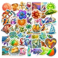 Detail of Mediterranean summer stickers featuring sailboats, coastal views and food - Mediterranean Vacation Style (RXHC0026)