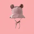 Winter corduroy bucket hat with bear ears and chin strap for toddlers in rose pink - 55-58cm / Pink