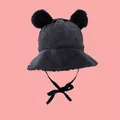 Black corduroy winter bucket hat with cute bear ears and straps for cold weather - 55-58cm / Black