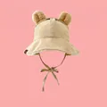 Detail of baby corduroy bucket hat with plush bear ears and warm sherpa fleece lining - 55-58cm / Khaki