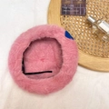 Close-up of pink faux rabbit fur beret with blue embroidery patch and soft plush texture - 55-58cm / Pink