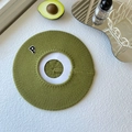Detail shot of green ribbed knit beret with P letter patch and casual aesthetic - One Size / Fruit Green