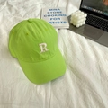 Detailed shot of neon green cotton baseball cap with white 3D letter R embroidery - 55-59cm (Adjustable) / Fruit Green