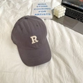Detailed view of dark grey baseball cap with white letter R embroidery on cotton twill - 55-59cm (Adjustable) / Gray