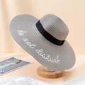 Gray wide brim straw sun hat with do not disturb embroidery and black ribbon detail - 55-59CM / Gray