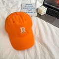 Detailed close-up of orange cotton baseball cap with white 3D letter R embroidery - 55-59cm (Adjustable) / Bright Orange