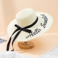 Detail of Hello Sunshine embroidery and black bow on off-white straw sun hat - 55-59cm (With Adjustable String) / Off-white