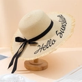 Detail of Hello Sunshine embroidery on straw sun hat with black ribbon bow - 55-59cm (With Adjustable String) / Beige