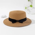 Flat top khaki straw boater hat with a black ribbon bow for sun protection and beach style - 55-59CM / Khaki