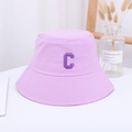 Detail view of light purple canvas bucket hat with embroidered letter C and stitched brim - 55-59CM / Purple