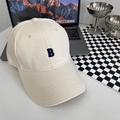 Close-up of beige cotton baseball cap featuring 3D blue embroidered letter B detail - Large Size Adjustable / Beige