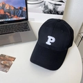 Detail of classic black cotton baseball cap with white 3D embroidered P and curved brim - 60-64cm (Adjustable) / Black