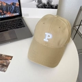 Detail of khaki cotton baseball cap with white embroidered P letter in an aesthetic setting - 60-64cm (Adjustable) / Beige Khaki