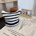 Detail of cute black and white striped cat ear knit beanie on a decorative cloth - One Size (55-58cm) / Black & White Stripes