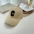 Detail of beige cotton baseball cap featuring a black textured letter C patch and stitching - 60-65cm Adjustable / Khaki