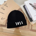 Detailed embroidery of white 1011 numbers on black cuffed knit beanie cap - 55-58cm / Black