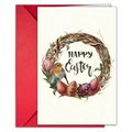 Detalle de tarjeta de Pascua en acuarela con corona, pájaro y sobre rojo de alta calidad - Estilo Petirrojo Con Guirnalda de Vid (T020402160)