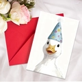 Close-up of birthday card with cute duck illustration on white silk with a red envelope - Duck Style