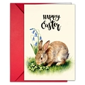 Detalle de tarjeta de Pascua en acuarela con conejo y sobre rojo de regalo - Estilo Conejo Marrón Con Jacintos Silvestres (T020402163)