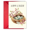 Nahaufnahme der Osterkarte mit Aquarell-Vogelnest, blauen Eiern und rotem Umschlag - Nest Mit Eiern Und Rosa Blumen Stil (T020402157)