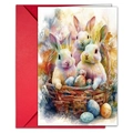 Detalle de tarjeta de Pascua en acuarela con conejitos en cesta y sobre rojo kit - Estilo Tres Conejos Vívidos En Cesta (T020402176)