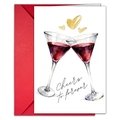 Detail of Cheers to Forever wedding card with watercolor glasses and red envelope - T020402192