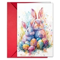 Detalle de la tarjeta de Pascua en acuarela con conejos y huevos de colores con sobre rojo - Estilo Dos Conejos Con Huevos Coloridos (T020402173)