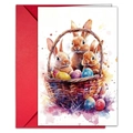 Detalle de tarjeta de Pascua con conejos en acuarela y sobre rojo festivo - Estilo Tres Conejos Marrones En Cesta (T020402174)