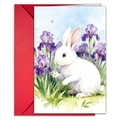 Detalle de tarjeta de Pascua en acuarela con conejo e iris junto a un sobre rojo - Estilo Conejo Blanco Con Iris Púrpura (T020402165)